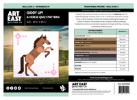 Quilt pattern packaging for 'Giddy Up!' featuring a horse design by Art East Quilting Co.