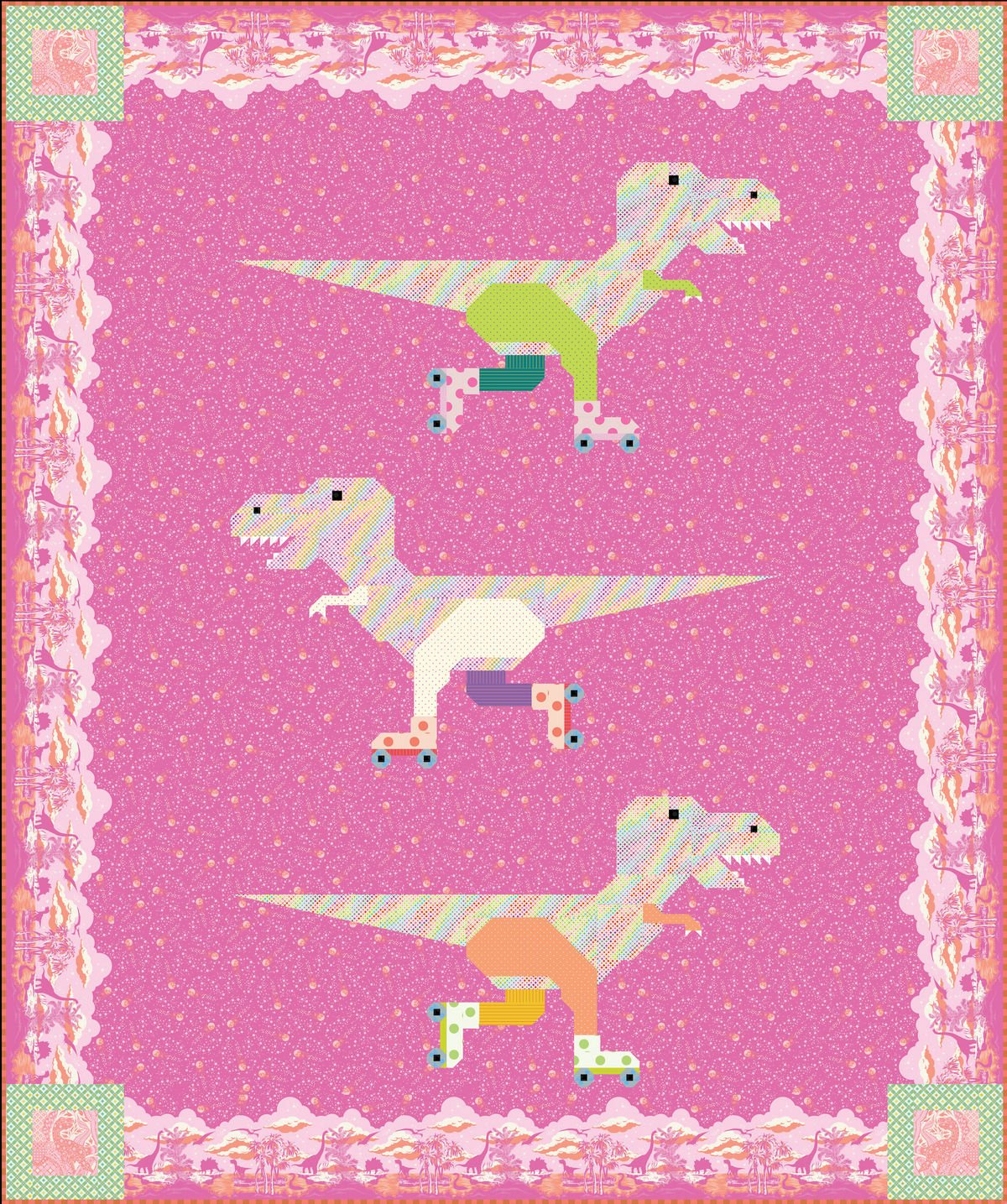 Dinorama - T-rex on Roller Skates Quilt Pattern