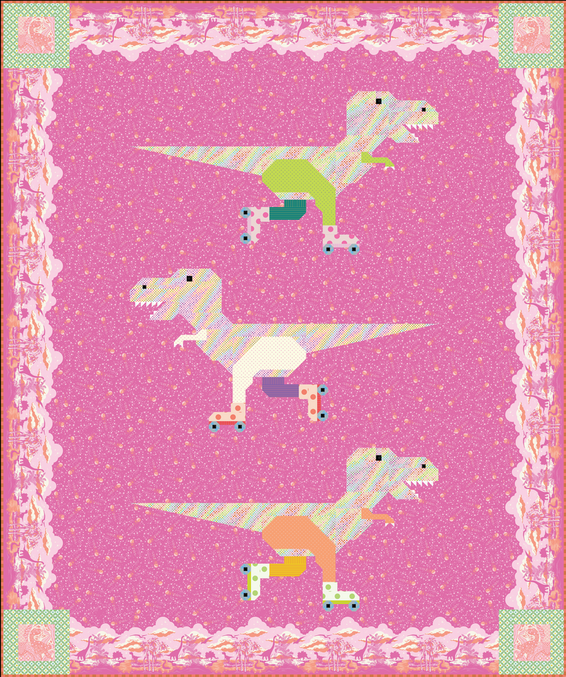 Dinorama - T-rex on Roller Skates Quilt Pattern