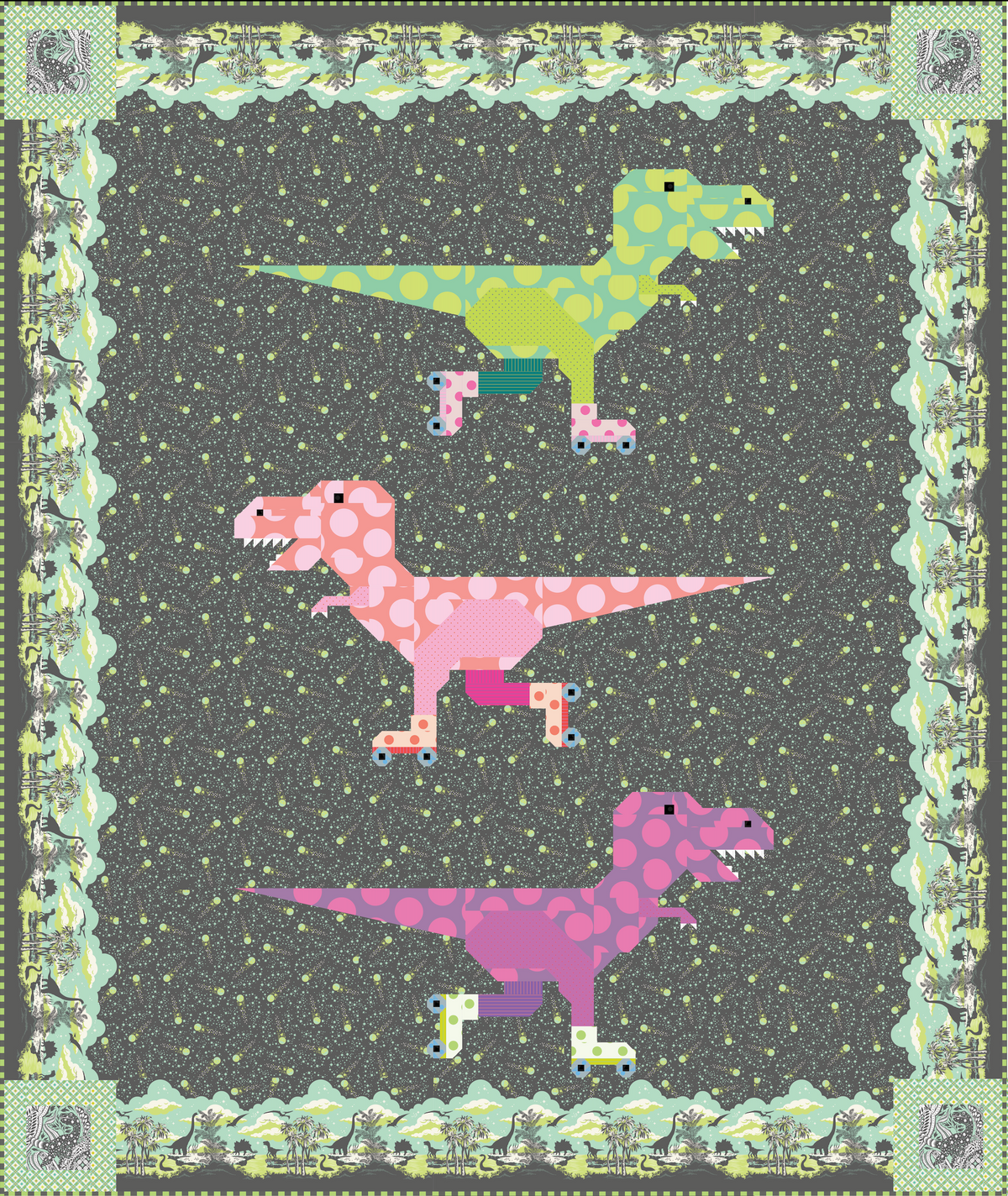 Dinorama - T-rex on Roller Skates Quilt Pattern